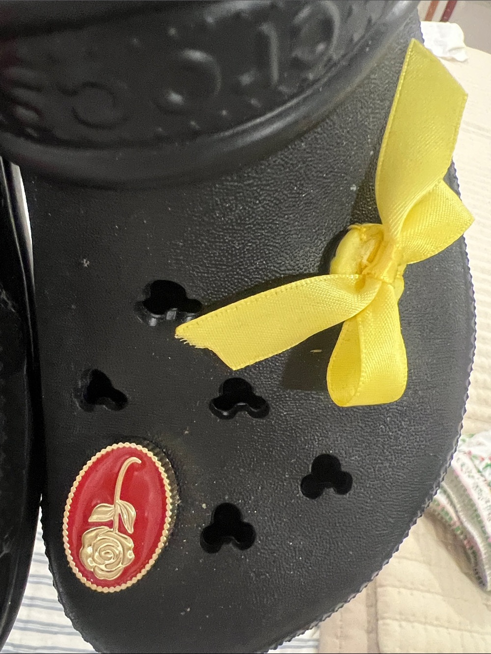 CROCS Black Kids Clogs with Colorful Charms and Yellow Bow - Picture 7 of 7